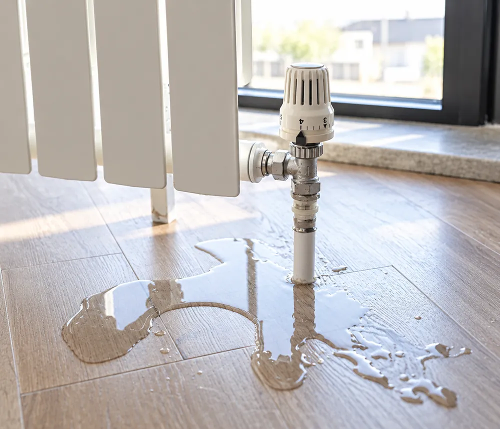 Lekkende radiatorkraan met water op de vloer