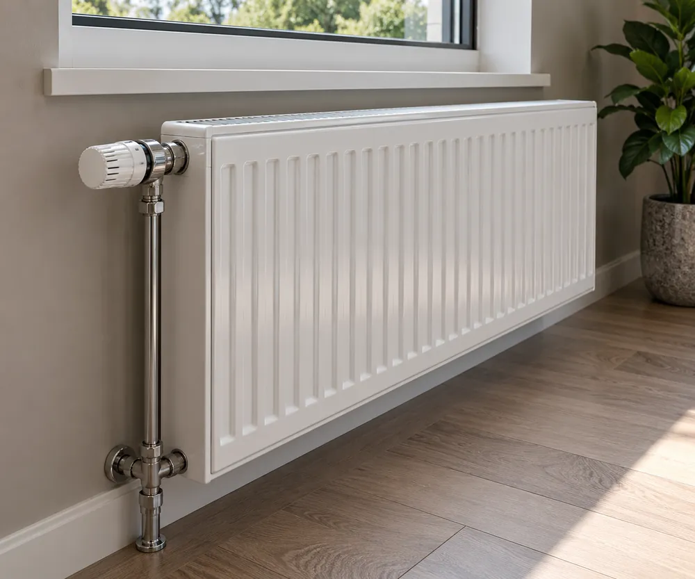 Nieuwe paneelradiator onder het raam